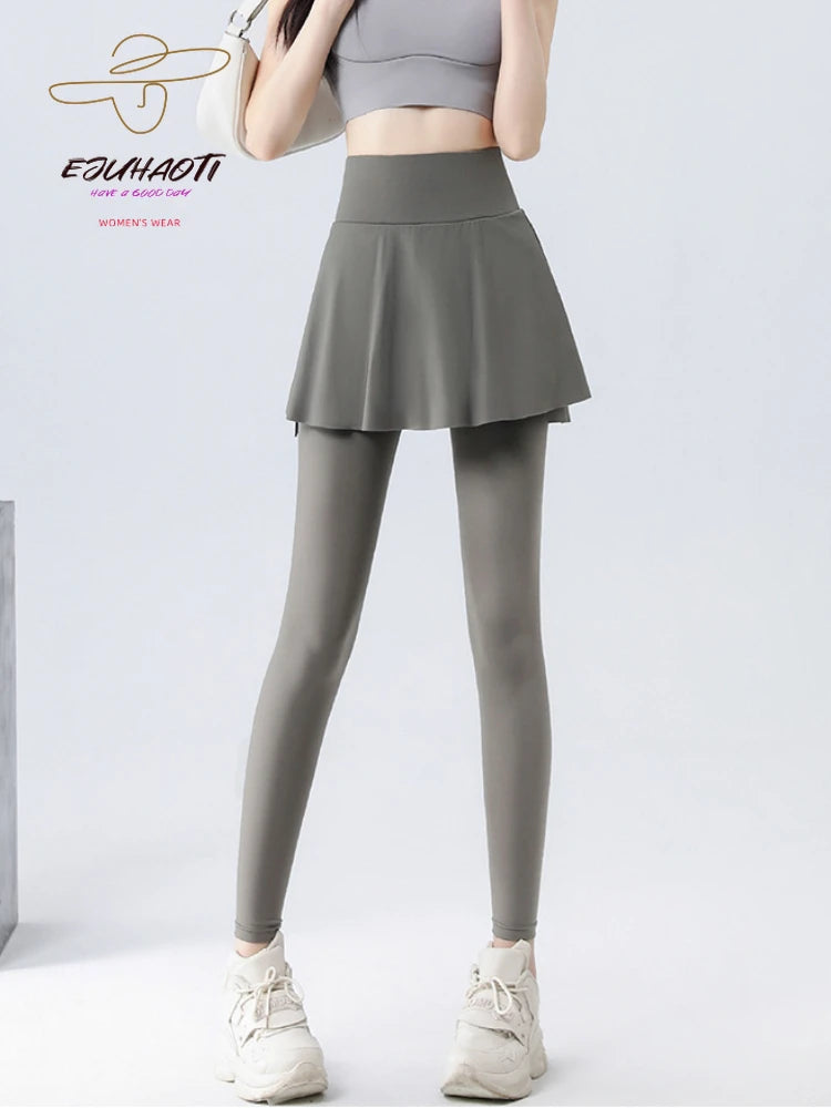 2024 Yoga Women High Waist Slim Hip Lifting Running Fitness Shark Pants Sports Outwear Fake Two Piece Skirt Pants Women Clothing