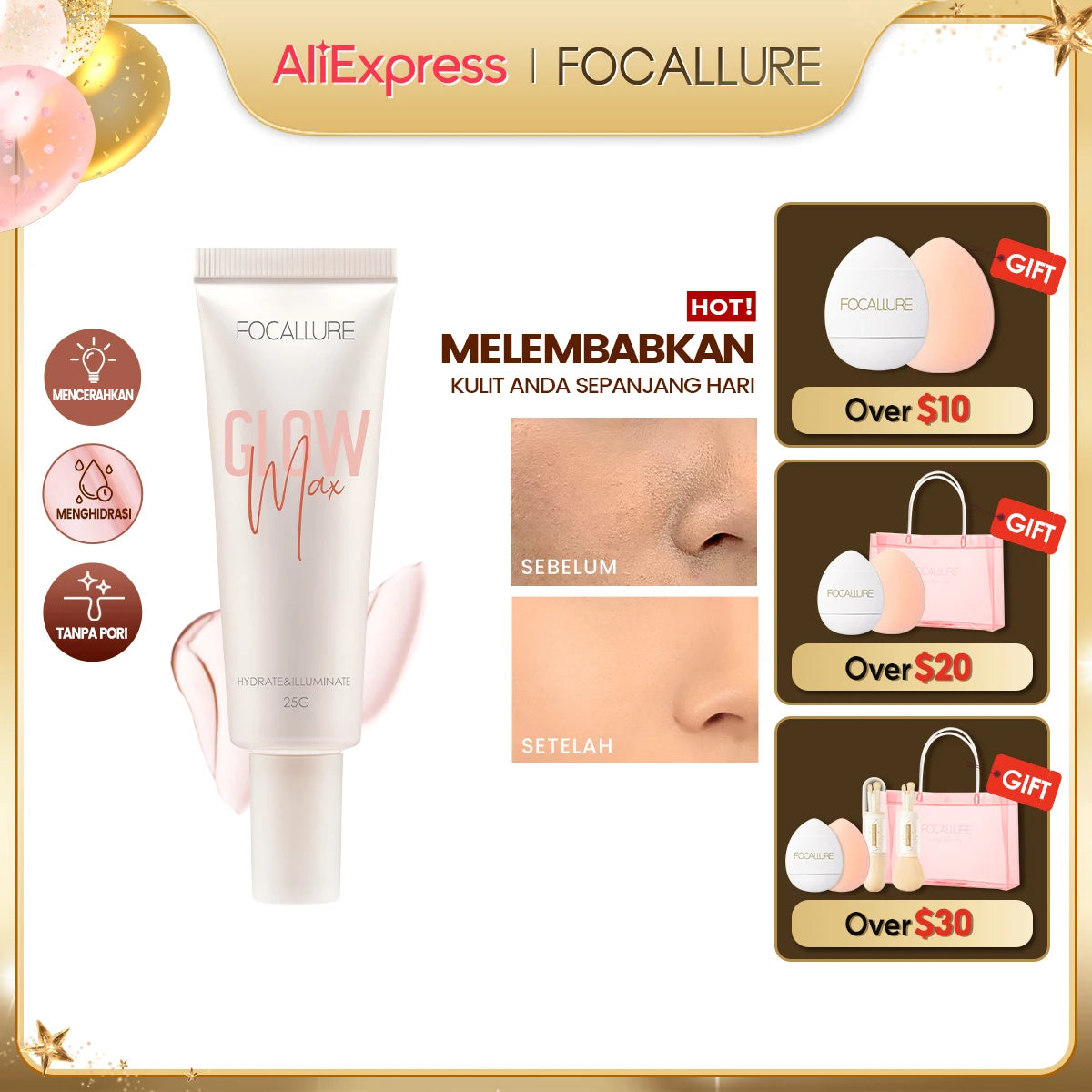 FOCALLURE Long-lasting Oil Control Face Primer Gel High Coverage Invisible Pore-Blurring Smooth Foundation Base Makeup Cosmetics