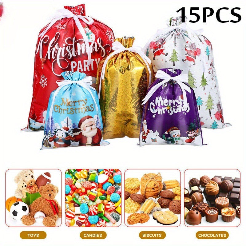 15 pieces, Christmas drawstring candy bags, party holiday gift packaging bags