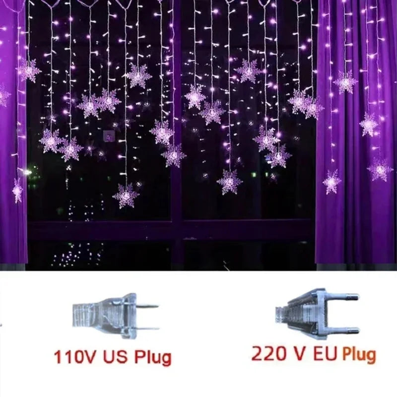 Christmas Decorations 2024 Snowflake Window Curtain Garlands Led Icicle Fairy Lights Flashing 8 Modes EU-Plug New Year 2024