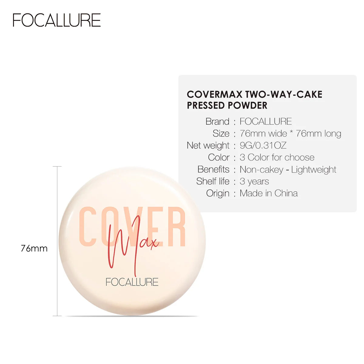 FOCALLURE Natural Matte Pressed Powder Oil Control Brighten Whitening Face Base Foundation Compact Concealer Makeup Cosmetics