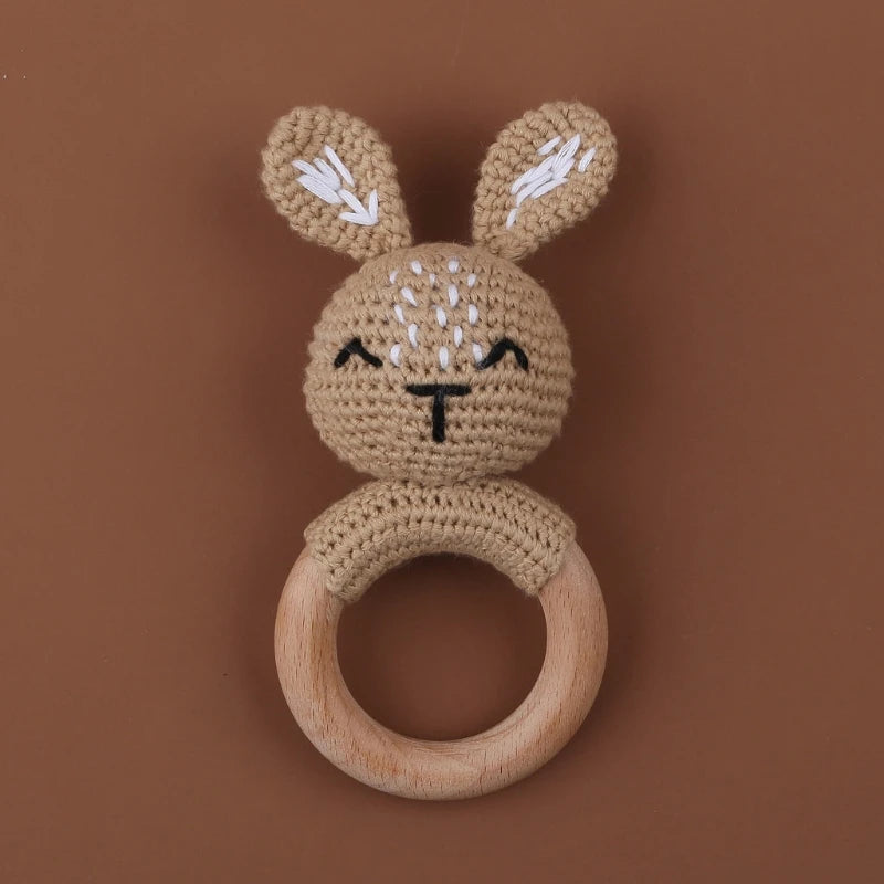 BPA Free Baby Wooden Teether Crochet Cartoon Baby Rattle Toys Wooden Ring Rodent Toys Mobile Gym Kids Newborn Educational Toys