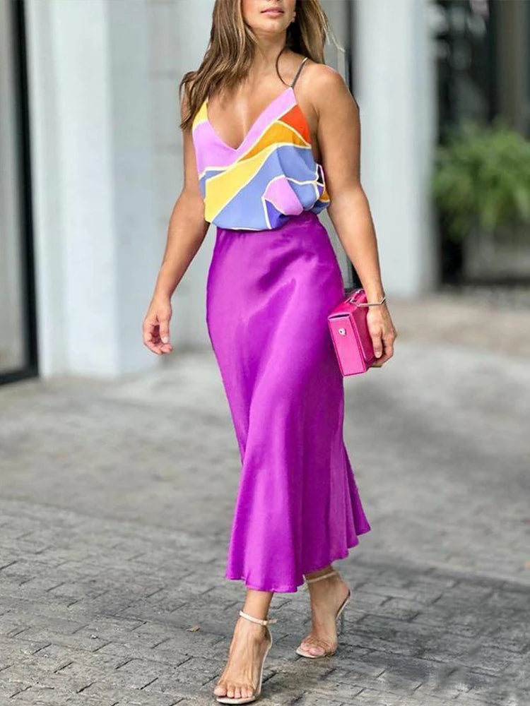 2024 Summer Women's Satin Skirt Elegant Purple A Line Shiny Skirt High Waist Mid-length Skirts Red Office Midi Skirts for Female