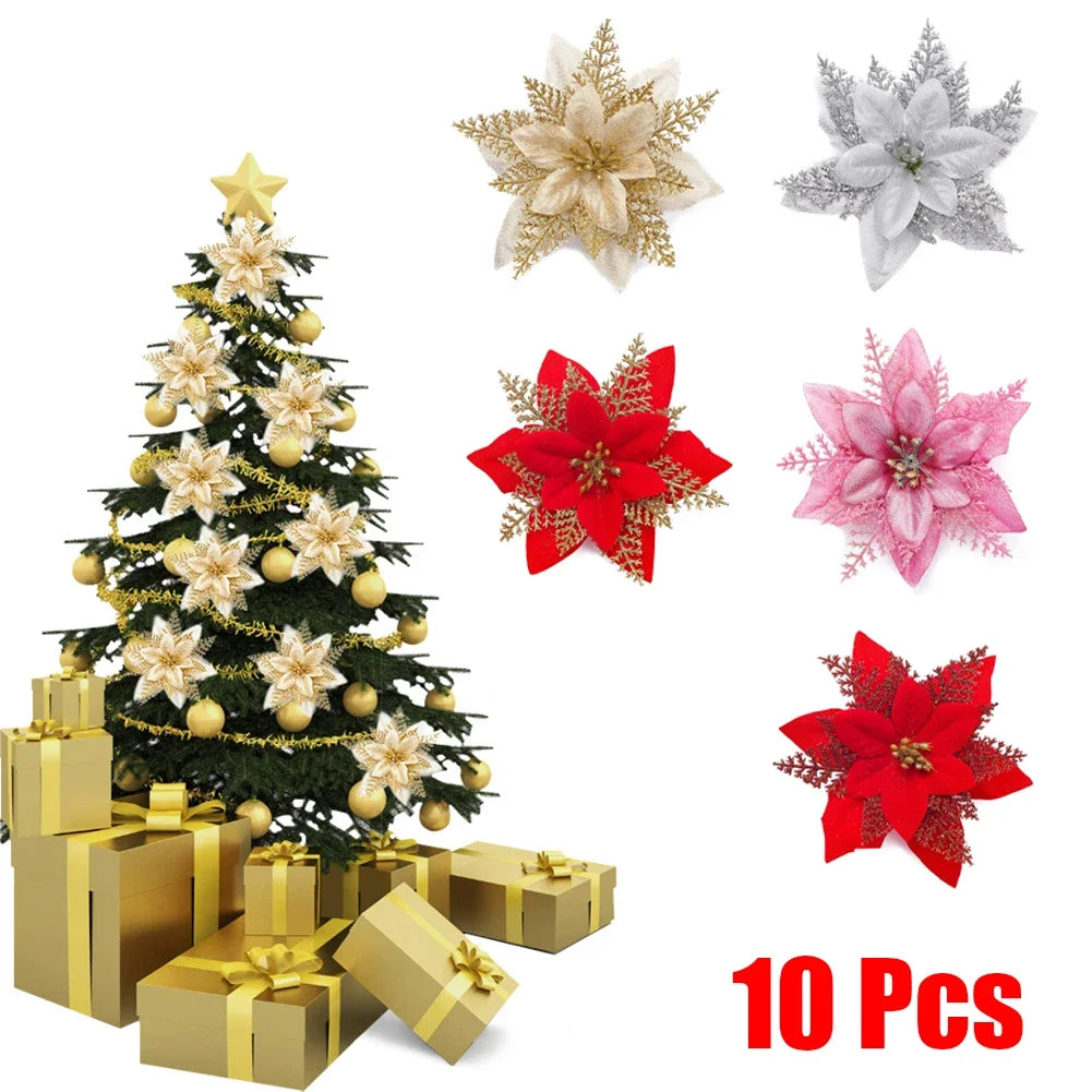 10pcs Christmas Large Poinsettia Glitter Flower Tree Hanging Party Xmas Decor For Home Xmas Navidad New Year 2024