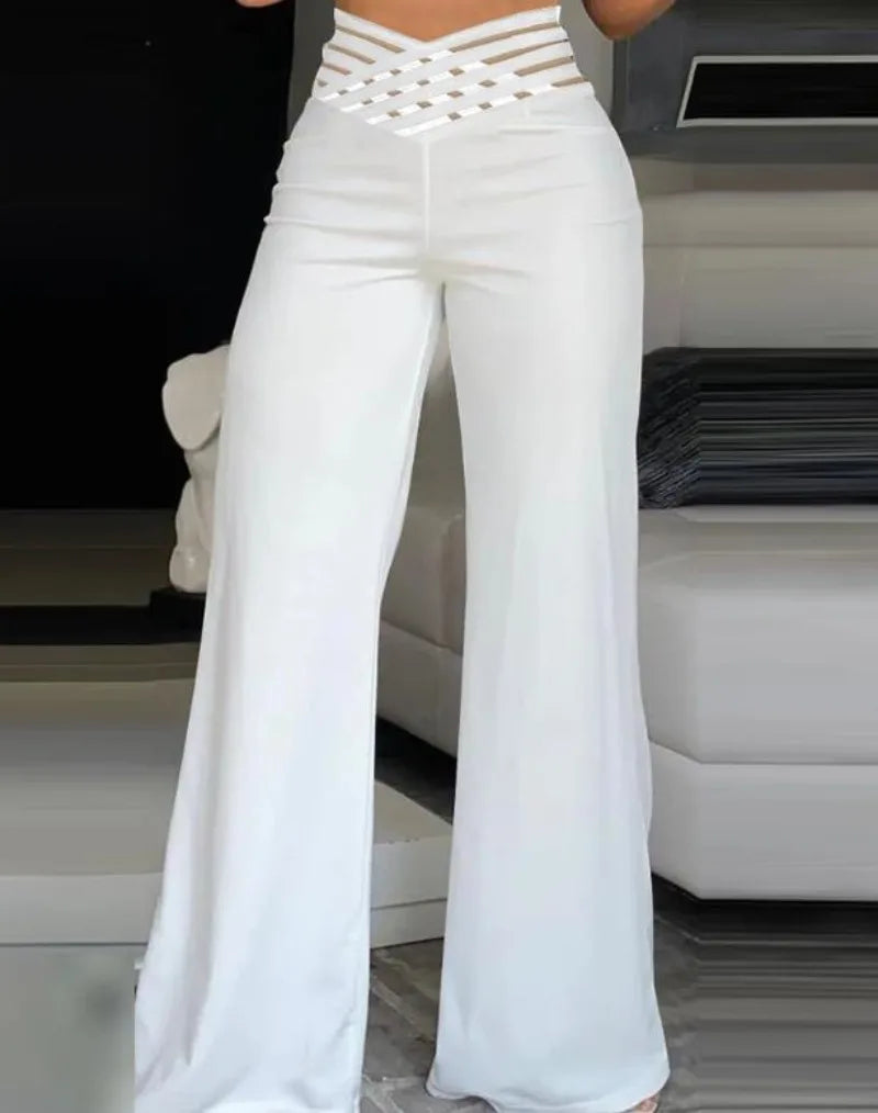 Elegant Wide Leg Fashion Office Trousers Casual Crisscross Sheer Mesh Patch High Waist Women's Flared Pants Y2k Streetwears