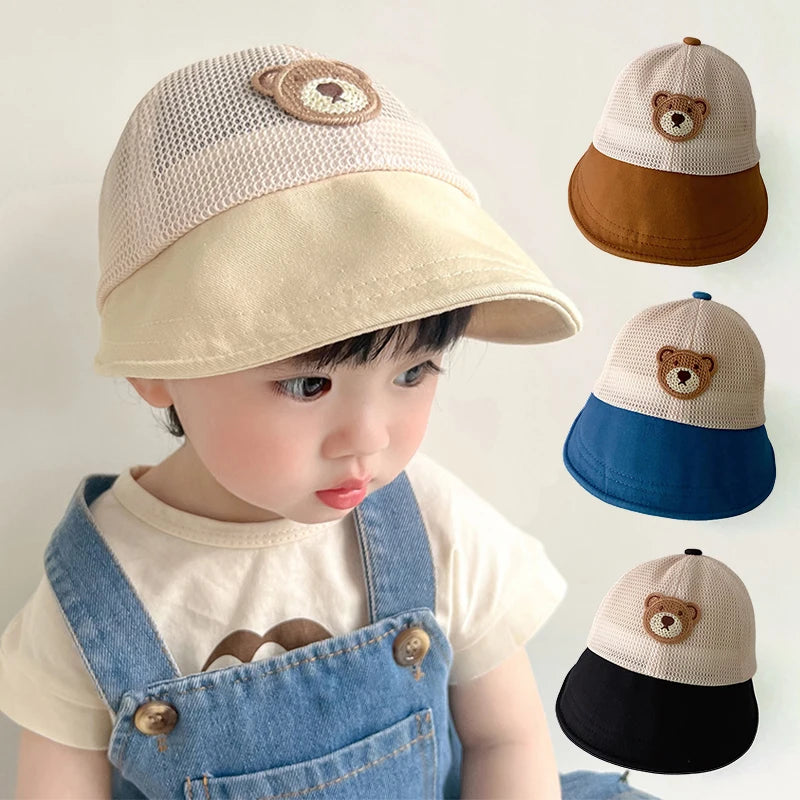 Wide Brim Kids Sun Hats Summer Thin Mesh Breathable Boy Girls Peaked Hats Children Baby Cartoon Bear Korean Panama Fisherman Cap