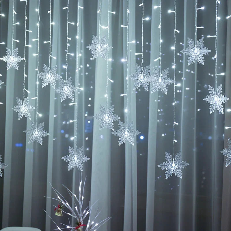 Christmas Decorations 2024 Snowflake Window Curtain Garlands Led Icicle Fairy Lights Flashing 8 Modes EU-Plug New Year 2024