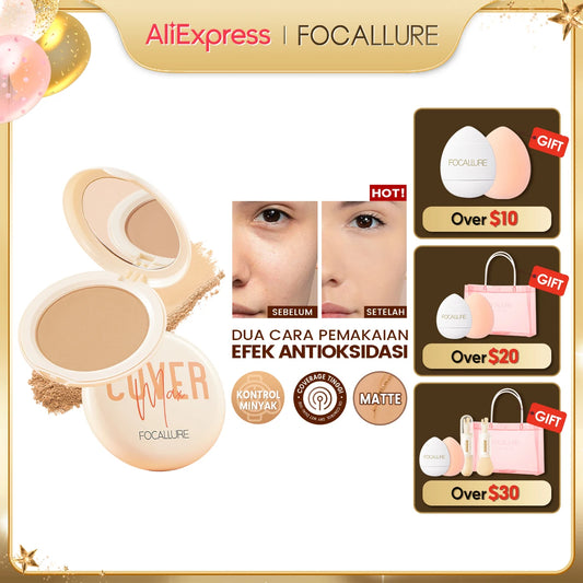 FOCALLURE Natural Matte Pressed Powder Oil Control Brighten Whitening Face Base Foundation Compact Concealer Makeup Cosmetics