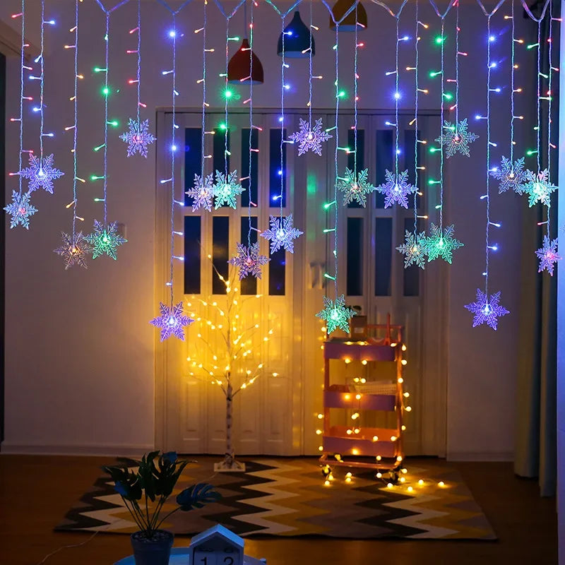 Christmas Decorations 2024 Snowflake Window Curtain Garlands Led Icicle Fairy Lights Flashing 8 Modes EU-Plug New Year 2024