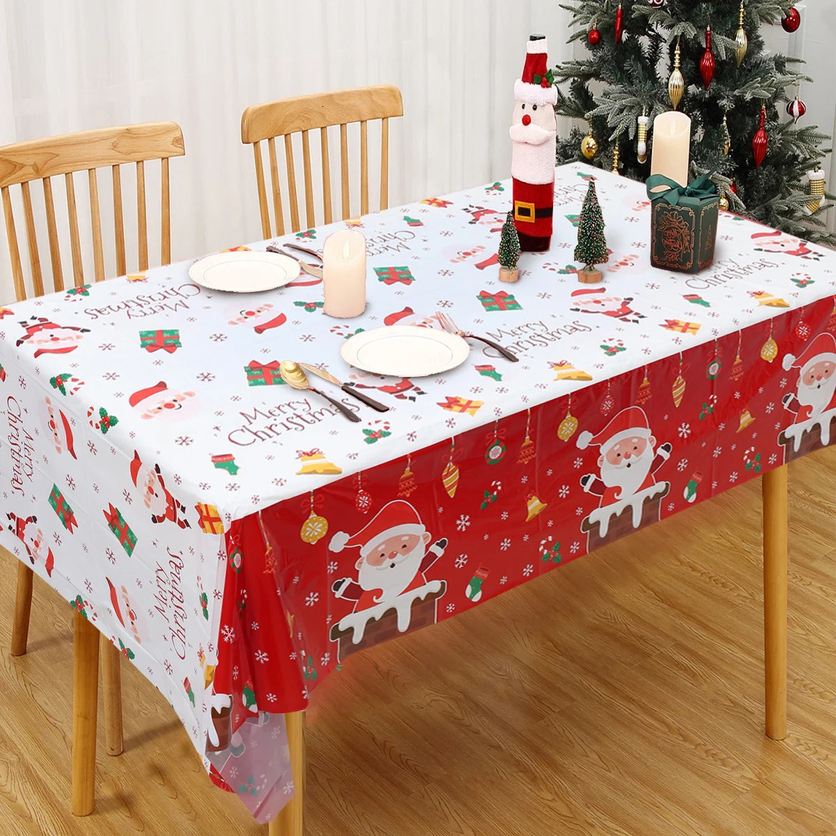 Christmas Disposable Plastic Tablecloth Christmas Decorations for Home 2024 Xmas Table Cover Navidad Natal New Year Gifts 2025