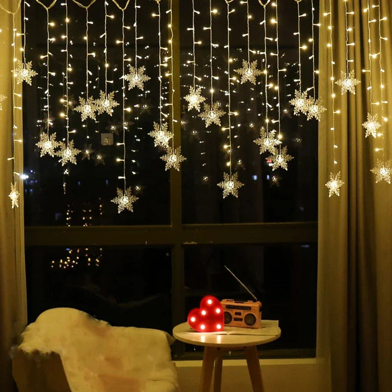 Christmas Decorations 2024 Snowflake Window Curtain Garlands Led Icicle Fairy Lights Flashing 8 Modes EU-Plug New Year 2024