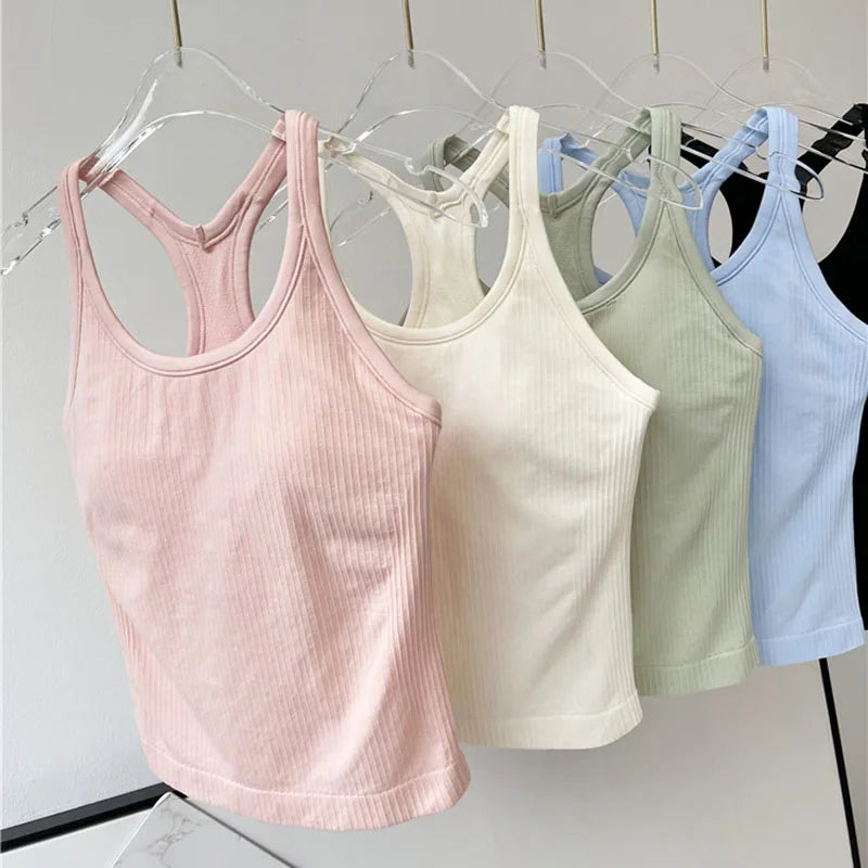 Women Longline Inner Padded Racerback Crop Tank Tops Basic Lounge Slim Fit Workout Tops for Gym Yoga Fitness