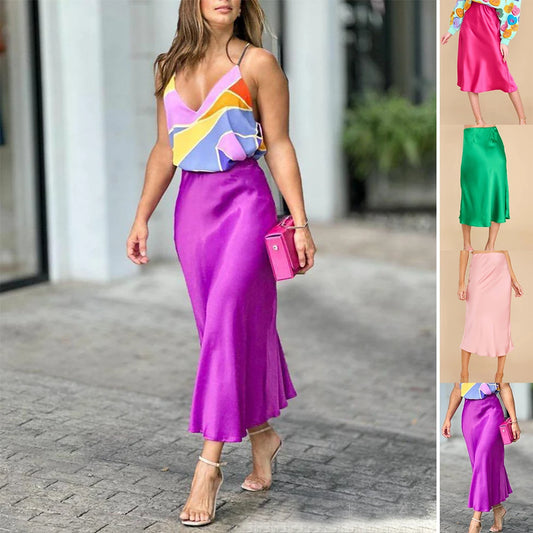 2024 Summer Women's Satin Skirt Elegant Purple A Line Shiny Skirt High Waist Mid-length Skirts Red Office Midi Skirts for Female