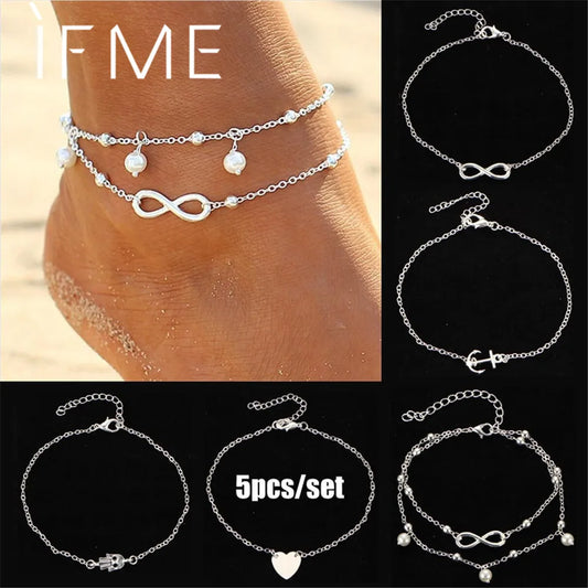 Vintage Boho 5PCS/set Anklet Set for Women Gold Color Silver Color Bead Pendant Infinity Hasma Hand Heart Foot Ankle Jewelry New