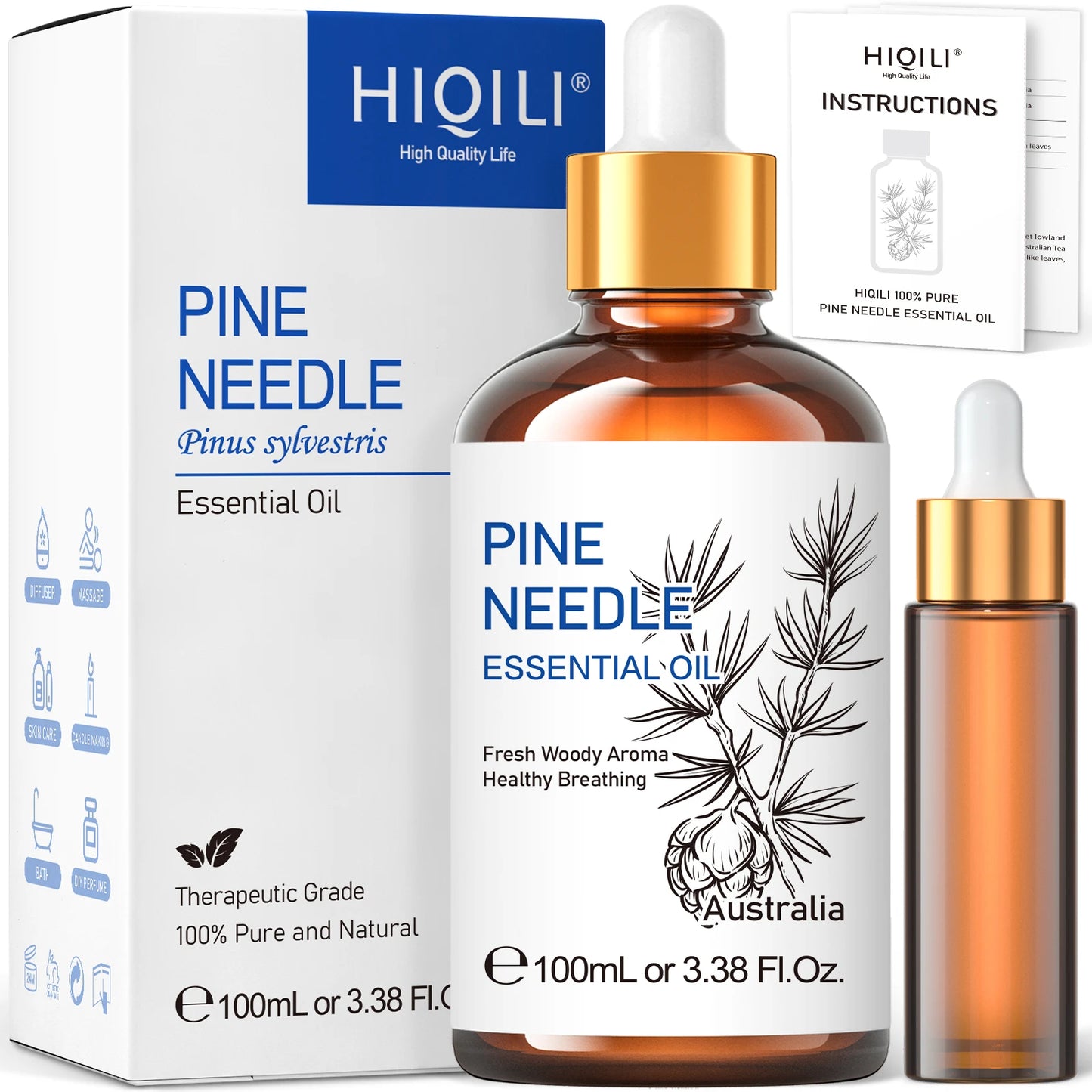 HIQILI 100ML Pine Needles Essential Oils,100% Pure Nature for Aromatherapy, Diffuser, Humidifier, Massage, Relieving stress