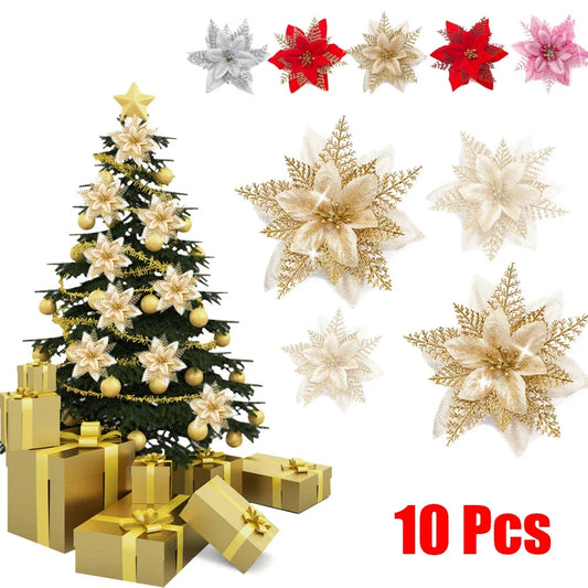 10pcs Christmas Large Poinsettia Glitter Flower Tree Hanging Party Xmas Decor For Home Xmas Navidad New Year 2024