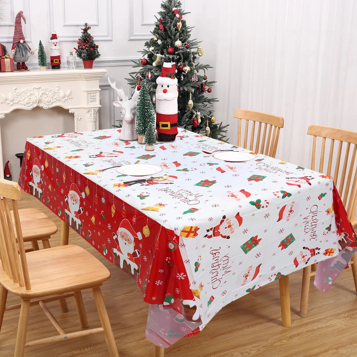 Christmas Disposable Plastic Tablecloth Christmas Decorations for Home 2024 Xmas Table Cover Navidad Natal New Year Gifts 2025