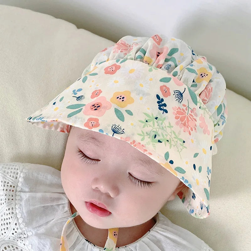 Cute Baby Girls Sunhat For 3-20M New Summer Thin Print Princess Bucket Hats Sunshade Peaked Cap Outdoor Palace Hat Korean Style